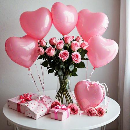 several heart-shaped balloons, a gift bag and a bouquet of pink roses on a table. Very realistic photography