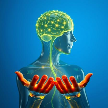 transparent human figure holding hands in front of him, brain made of glowing green lines, golden lines of light going from brain to hands, blue background, close-up, side view, nervous system,