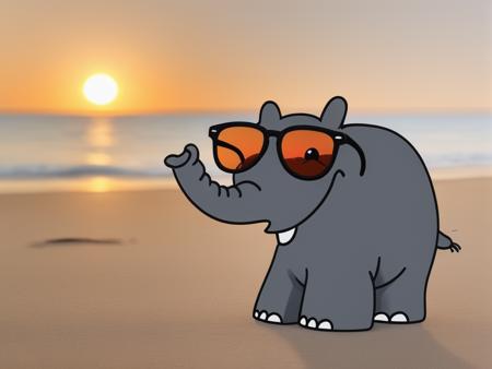 <lora:Ottifant_sdxl:0.5>  Ottifant smiling , wearing sunglass on a beach, sunset