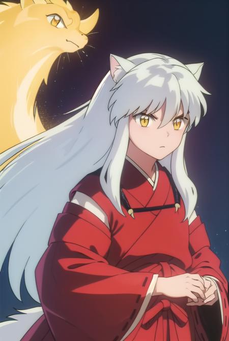 inuyasha, long hair, animal ears, white hair, male focus,dog ears, (yellow eyes:1.5), japanese clothes, hakama, red hakama,