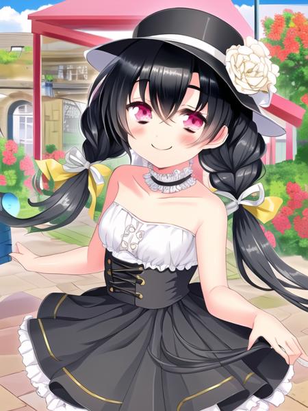 Kirizuka Moegi,
black hair, pink eyes,
1girl, bare shoulders, blush, braid, closed mouth, collarbone, dress, eyebrows visible through hair, frilled dress, frills, hair between eyes, hat, long hair, looking at viewer, off-shoulder dress, smile, solo, sun hat, sundress, twintails, white dress, white headwear
<lora:grimoire-v1.0:1>