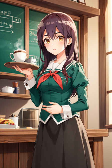 masterpiece, high quality, highres, 1girl, solo, yano, <lora:yano:0.7>, school uniform, long skirt, long sleeves, puffy sleeves, red neckerchief, indoors, coffee shop, cowboy shot, tray, tray in one hand