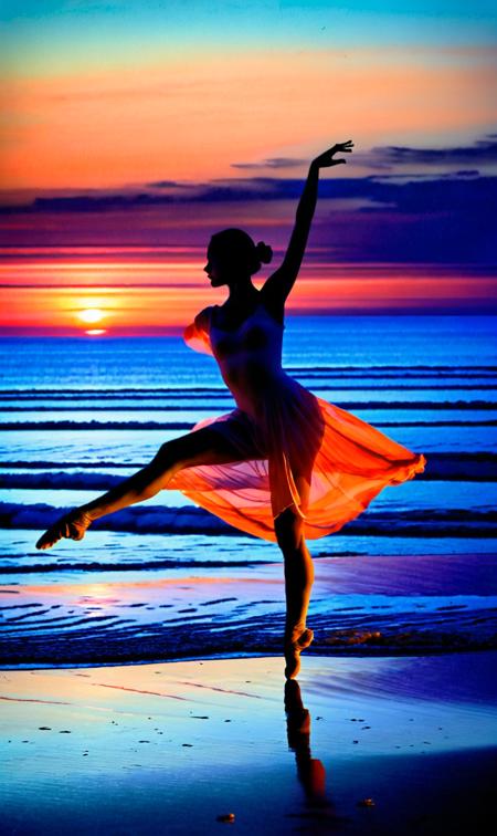 Twilight Serenade on Shoreline Sands: As the day's light fades to soft pastels, a lively silhouette dances along the shoreline, her movements echoing the rhythmic lapping of distant waves.
BREAK
Dancerâs Spirit Amidst Seaside Whispers: Under the sprawling dusk sky, a figure leaps with a fabric trail that dances with the breeze, each twirl releasing the joyous essence of seaside freedom.
BREAK
Nocturnal Ballet on Cool Sands: Twilight ushers in a scene of exuberant motion; amidst the tranquil sands, a figure captures the fleeting light in a display of ecstatic freedom.
BREAK
Symphony of Movement at Waterâs Edge: The cooling evening air fills with the vibrancy of a dance, where a figure outlined against the dimming horizon celebrates the day's end with a ballet of shadows and light.
BREAK
Portrait of Vitality at Dusk: The horizon, a faint line of burning orange, sets the stage for a dance of vitality, where a spirited leap contrasts with the peaceful, twilight-muted waves.
BREAK
Fluid Grace Against the Evening Tide: As the evening air cools, a lone dancer on the beach spins, her fabric catching the last whispers of light, her posture a testament to the unbound energy of the setting.