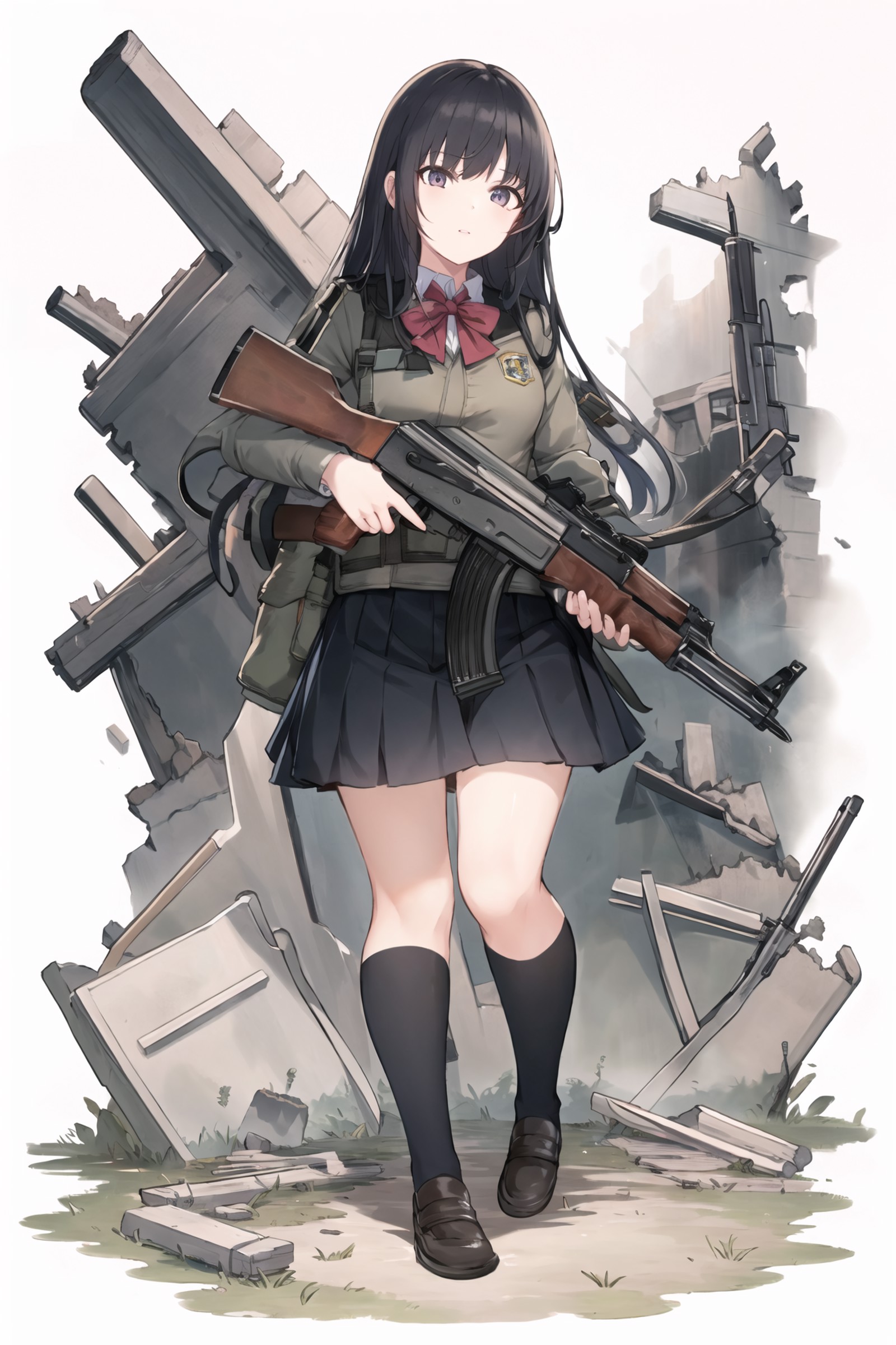 masterpiece, best quality, 1girl, school uniform, armor, tactical clothes, ruins, <lora:bettergunAK47WIP_betaWIP:0.8>, AK-...