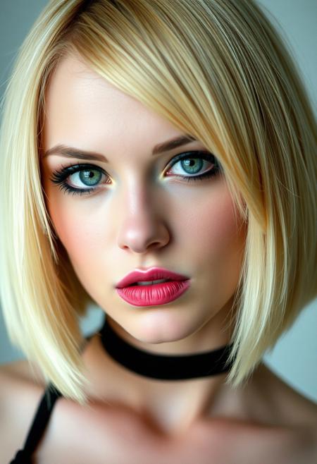 woman, blonde bobcut hair, parted half hair, green and blue eyes, eyeliner, gothic