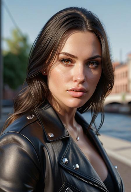 A cinematic photo of a huge (((muscular:1.3))) beautiful woman with ((((huge arm muscles:1.4)))), ((((piercing brown eyes:1.4)))) and high ponytail (((black hair:1.4))). (((Head back and moaning:1.3))). Cute face. (((She resembles model Korina Kova with huge fake tits:1.6))). She has (((pouty lips))) and pouty eyes. (((She is wearing a studded black leather jacket:1.6))). The epic character composition, combined with sharp focus and natural lighting, brings the captivating image to life. The subsurface scattering effect adds a touch of ethereal glow, while the f2 aperture and 35mm lens create a perfect balance of depth and detail. 
 Struggling maiden<lora:RMSDXL_Enhance:0.45> <lora:RMSDXL_Creative:0.45> <lora:RMSDXL_Photo:0.45> <lora:clothing_slider:0.00> <lora:great_lighting:1.00> <lora:aesthetic:1.00><lora:photorealistic_portrait_v2:0.25> <lora:attractive_v2:0.10> <lora:extremely_detailed_v2:0.25> <lora:add_detail:0.75> <lora:perfect_eyes:0.25> <lora:perfect_hands:0.50>