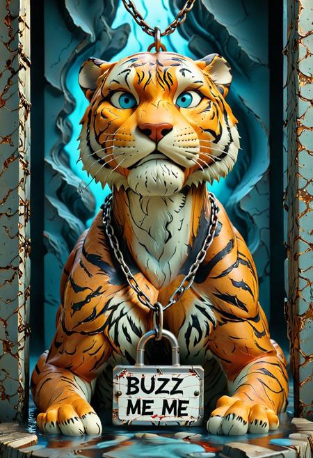 ((2d, cartoon, disney style)), ((1 tiger)),  score_9, score_8_up, score_7_up, score_6_up, score_5_up, l
Tiger, solo, blue eyes, long eyelashes, female, detail face, caught with lock and chain, rusted chain, blood outs form arms, weeping eyes, crying, feels, sad, expressions, emotions, detailed skin, rusted jail background, jails cell forground, rusted jail, arrogant, aloof, (((holding a tag attached with chain and lock that says "Buzz-Release Me", text: "Buzz-Release Me"))), realistic skin, detailed skin, bald skin