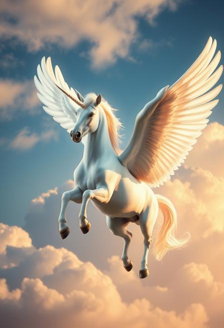 Photographically detailed ultra-realistic flying white unicorn with big white feather wings, background with clouds, dramatic light, 8k, HD