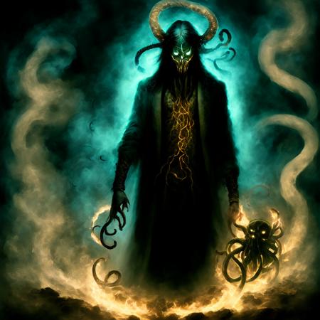 photo, an enslaved member of the Cthulu cult with a shadowy tentacle monster behind him in darkness, surrounded  by energy flames (CthuluCult style:1)  <lora:djzCthuluCult:0.8>