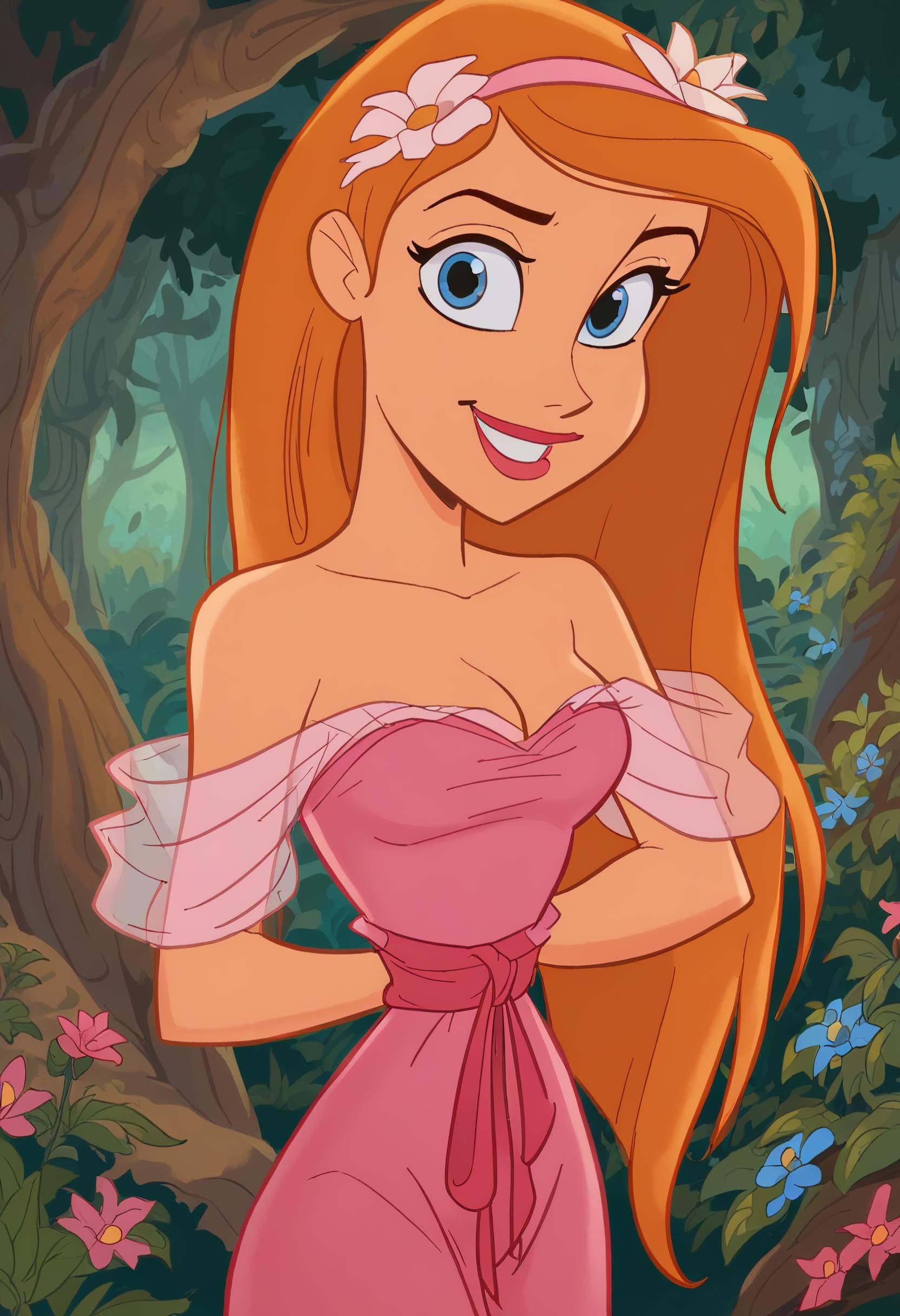 score_9, score_8_up, score_7_up,   giselle_enchanted standing straight looking at the viewer smiling, in a forest, long hair,  blue eyes, cartoon, arms at sides, pretty, cleavage,  1girl,cute cartoony style, tom bancroft style, pink dress, clear ribbons on arms, flowers in hair, cartoony stylized proportions, big head and eyes, slim waist