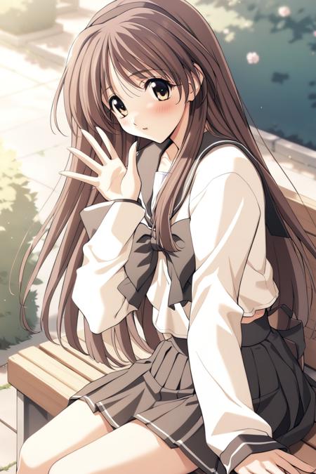 1girl,ayaka hizuki,school uniform,black skirt,solo,masterpiece,best quality,game cg,blush,waving,looking at viewer,Sitting on a bench,garden,<lora:AyakaHizukiXL:1>,