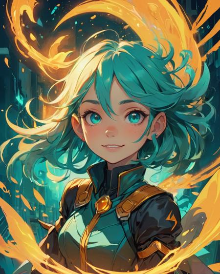 (Fllustration:1.2), flat, vector art, (anime artwork:1.2), (concept art:1.5), <portrait of 1girl, portrait (charisma), smile, orange abstract decoration,teal, fantasy gothic aesthetic, lighting,(atmosphere)>, complex lighting,(atmosphere), (flat bright colors:1.2), (inked-art), epic, cyan, yellow tones, from above, cartoon, (flat saturated colors), (atmosphere), cinematic composition, fine details, perspective, intense, (sharp focus), (lineart:1.33), transistor game art, league of legends art style, Comic Book Cover Art, art by makoto shinkai studio, ghibli genshin impact, james gilleard, greg rutkowski, Petter Faustino, (film grain:1.5)