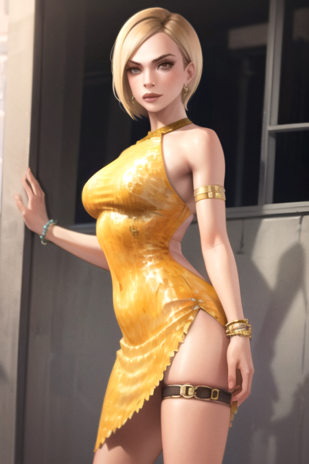 AmberBailey, 1girl, solo, short hair, blonde hair, yellow dress, jewelry, earrings, bracelet, makeup, thigh strap, short dress