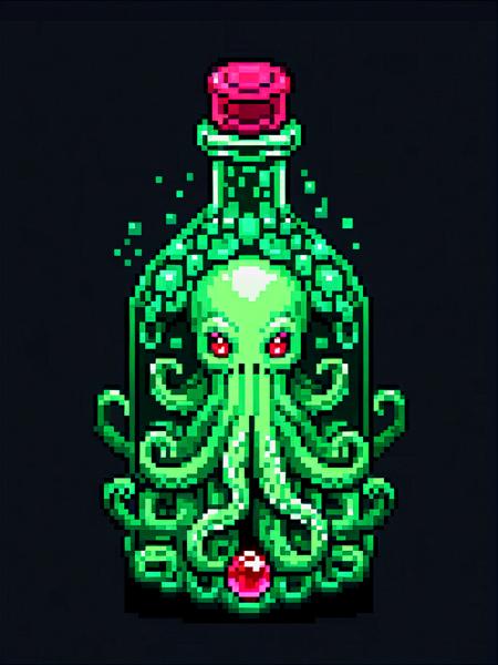 pixel art, cartoon illustration, tentacle green big bottle, lovecraft, Cthulhu, ruby gems, simple black background, game icon