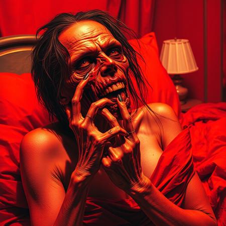 Album cover of realistic Dark art full body view of a zombie woman from the 70s-style pulp paintings holding her hand near her face and licking the fingers with her snake-like tounge between the fingers implying oral sex, lying in bed in a eerie red hotel room, The vibe is red and otherworldy. The zombie womans rotting face is looking very passionate. Duotone: Burnt orange and deep plum. Mood: Occult ritual meets 80's crinkled concert poster art style, movie still, gore, sexy pose, flirty, licking