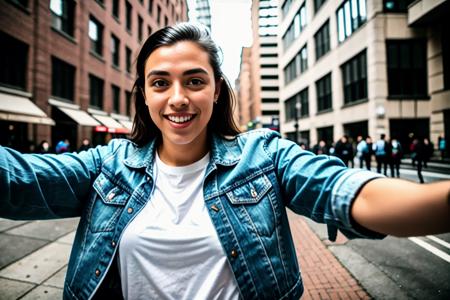 RAW photo, (masterpiece), best quality, extremely detailed,one man one woman, couple, sharp, studio quality, jean jacket, red shorts,outside, standing, evening, buildings,(outside in the city), standing, evening, sidewalk,  (looking at viewer), 8k uhd, dslr, soft lighting, high quality, film grain, Fujifilm XT3, (full body portrait), (pov view), ((armoutstretched:1.2)),  <lyco:selfiearm_v2_lycoris:0.8>