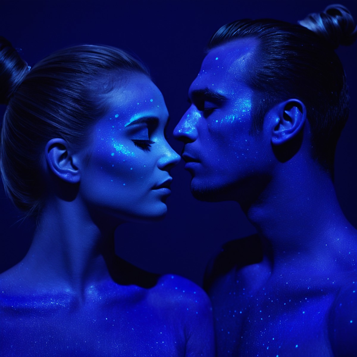 cinematic film still of  <lora:Ultraviolet lighting Style:1>
a couple of people with body paint on Ultraviolet lighting St...