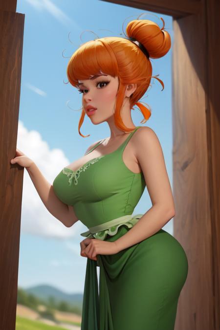 1 girl, Agecanonix, orange hair, single bun, green dress