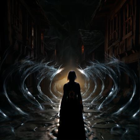 highly detailed photo of a (time elemental:1.2) in a medieval village,

1girl, sky hoops, white rising effect,

ground ripples,

standing on a medieval street,

photorealistic,
silhouette lighting,
cinematic, eerie, ethereal,







