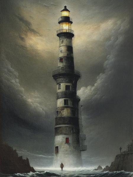 <lyco:SantiagoCaruso:1.0> lighthouse, artwork by Santiago Caruso