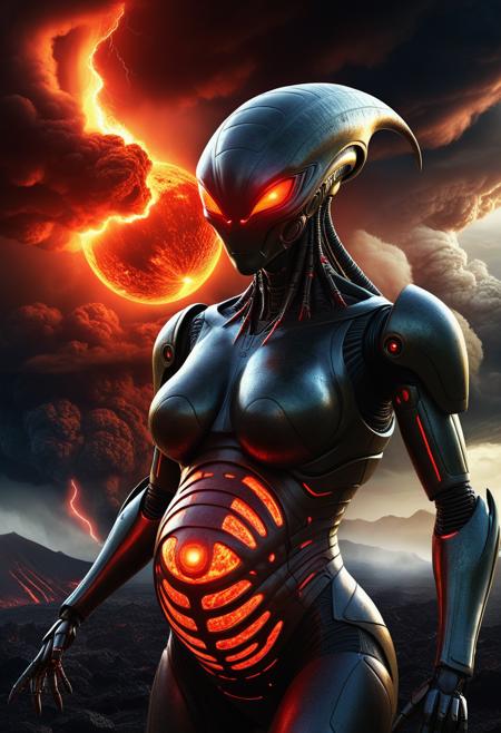 score_9, score_8_up, score_7_up, score_6_up, score_5_up, score_4_up score_9,score_8_up, digital art, (pregnant:1.5), alien looking slimy belly, robot, inhuman, android, scary, menacing look, angry, threatening, dangerous, evil, demonic, red glowing eyes, realistic 3D illustration, soft lighting, contemplative expression, high-resolution, detailed texture, emotional depth, dramatic mood, dangerous atmosphere, cinematic lighting, side view, volcanic alien planet, large tornado, fire, dark clouds, lightning, smoke clowds, volcanoe eruptions