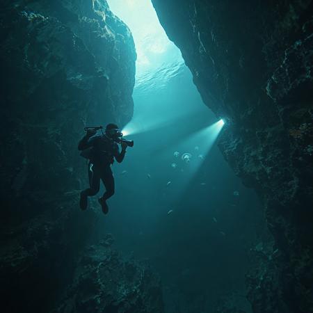 *"A breathtaking deep-sea abyss scene, with two massive rocky walls covered in bioluminescent coral and strange underwater flora. The camera angle is positioned above the diver, looking down as he explores the dark depths. The diver, wearing a high-tech deep-sea suit with glowing blue accents, holds a rugged underwater camera in one hand, filming the mysterious abyss. In his other hand, he grips a powerful flashlight, its bright beam cutting through the inky darkness, revealing eerie shadows and ancient ruins scattered along the ocean floor. Schools of alien-like fish dart away from the light, while strange, translucent jellyfish float in the distance. The water is thick with particles, creating a dreamy, cinematic atmosphere. The scene is dark, moody, and mysterious, with dramatic lighting from the diver’s flashlight casting long, haunting shadows. Ultra-detailed, photorealistic, 8K, cinematic underwater shot."*