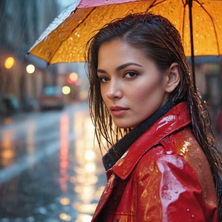 Gabriela from Colombia, long (waist-length:1.2) slicked-back hair, bokeh, autumn, rain, slush, puddles, raindrops, water stains, city streets, sidewalks, realism, high detail, macro photography, correct line, cinematic, close-up, mj, wet, (sharp shot), night, futuristic, color full background, magical, magic, vivid colors, romantic, vibrant, light, detailed