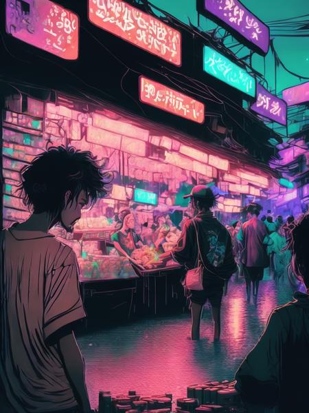 <lora:LiamWong:1>A cypberpunk bustling black market that resembles a water market in Thailand but the slums that looks like where the poor people live, crowds of people shopping in the market and very poorly dressed in cyberpunk style clothes, Juxtaposition, 2023, maximalism hyper-detailed anime , retro, vaporwave vibes, lofi retro vibes, 80s anime