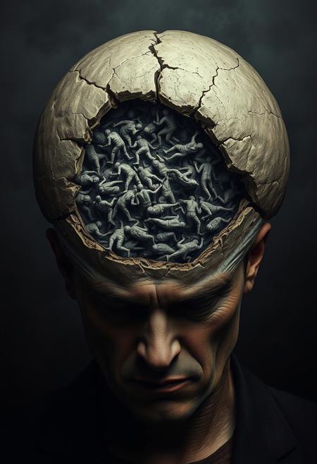 Surreal and dark image of a man with a cracked open skull, revealing a chaotic scene inside. Tiny human figures are struggling and intertwined within the brain cavity, depicting a scene of turmoil and conflict. The texture of the skull is highly detailed, with a dark, atmospheric background. The man’s expression is stern and intense, adding to the sense of inner strife and unease.
