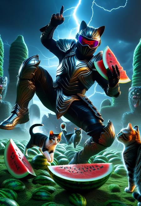 DonMX3n0X, closeup organic armor knight, dynamic kung fu fighting pose, jumping, legs up, hand up, holding huge watermelon, index finger, wear round goggles, wear organic armor, thunder lightning, (surround by several cats:1.2), in organic labyrinth, cinematic, cinematic lighting, (masterpiece, best quality:1.4), ultra-high res, 4k, Photorealistic, insanely detailed, sfw