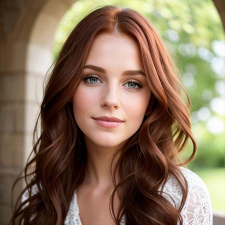 A stunning portrait of a beautiful red-haired woman, viewed from the front. Her face is framed by soft, flowing locks of hair that cascade down her shoulders. Her delicate features are accentuated by the gentle light that falls on her face, highlighting the curve of her cheekbones and the arch of her eyebrows. Her eyes are a deep shade of green, with a hint of mischief and playfulness in them. The corners of her lips are slightly upturned, giving her a subtle smile that adds to her charm. The skin on her face is smooth and flawless, with a natural glow that radiates from within.