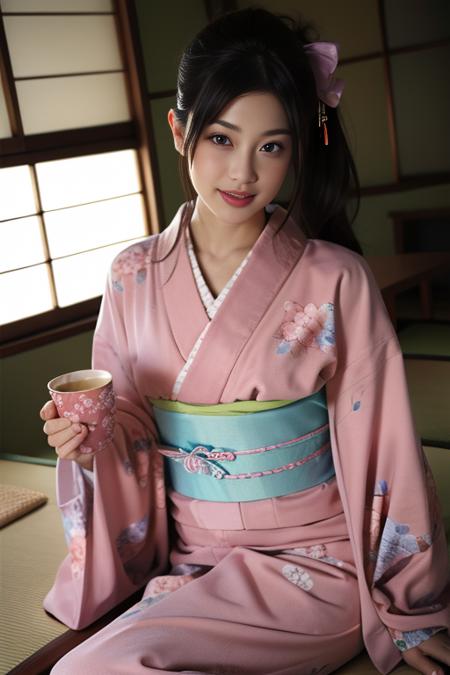 ultra-detailed,highly detailed,best quality,masterpiece,illustration,realistic,
kimono, japanese clothes, 1girl, kimono, solo, pink kimono, brown hair, tatami, brown eyes, sitting, realistic, looking at viewer, sash, obi, lips, indoors, table, parted lips, ribbon, long sleeves, hair ribbon, black hair, smile, floral print, print kimono, sleeves past wrists, wide sleeves, long hair, cup, yukata,
<lora:kimono_v1_03:0.7>