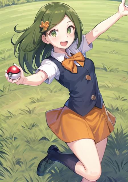 <lora:LassDP:0.7>LassDP, 1girl, solo, smile, open mouth, skirt, bow, holding, green eyes, green hair, shoes, socks, grass, poke ball, poke ball (basic), holding poke ball, orange skirt