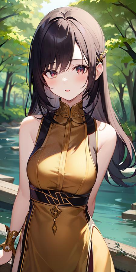 1girl, <lora:sd-No.405v2-000002:0.8>,forest, river, ornate clothes, upper body,, masterpiece, best quality,