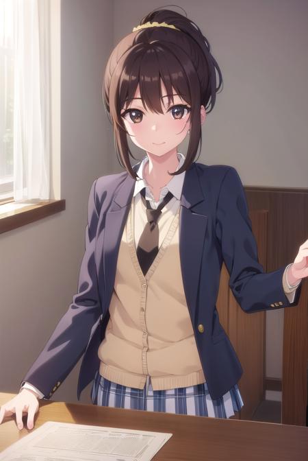 rikashiguma, <lora:rika shiguma s2-lora-nochekaiser:1>,
rika shiguma, brown hair, (brown eyes:1.3), ponytail, glasses, scrunchie, yellow scrunchie, smile,
BREAK school uniform, necktie, labcoat,
BREAK indoors, classroom,
BREAK looking at viewer, (cowboy shot:1.5),
BREAK <lyco:GoodHands-beta2:1>, (masterpiece:1.2), best quality, high resolution, unity 8k wallpaper, (illustration:0.8), (beautiful detailed eyes:1.6), extremely detailed face, perfect lighting, extremely detailed CG, (perfect hands, perfect anatomy),