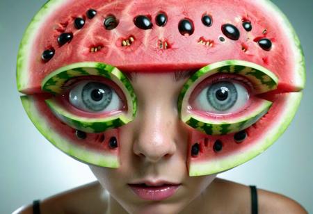 A female watermelon-human hybrid with embedded electronics, giant cartoonish eyes starring into camera,