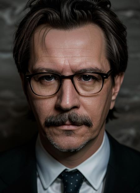 (<lora:GaryOldman:.9>) a close up Portrait photo of (go1) man with dark hair and glasses and mustache, Detailed face, (perfect eyes), (highly detailed skin:1.1), perfect body, wearing a ((police officer suit)), Modelshoot style, Professional Photography, soft lighting, PHOTOREALISTIC, Realistic, standing in a dark studio background, blurred background, volumetric fog,. RAW, analog style, sharp focus, 8k, HD, DSLR, high quality, Fujifilm XT3, film grain, award winning, masterpiece,