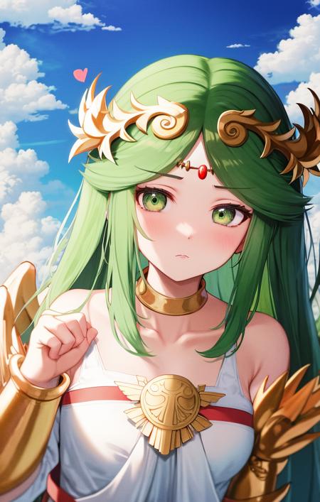 <lora:PalutenaKidIcarus1:1> highres, detailed, soft lighting, outdoors, clouds, flying, white dress, palutena [kid icarus], gold circlet, feathery wings, focused expression, hearts