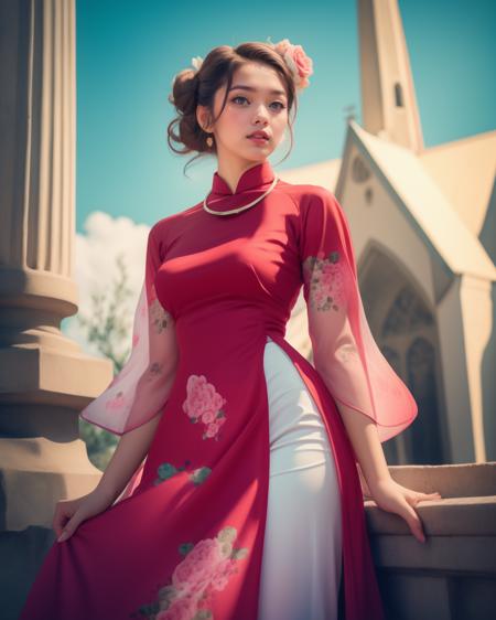 cinematic film still photogenic adult woman, beautiful,  strawberry blonde double bun hair,  grey eyes, wearing red dress, dr3ss, wearing ((floral print)) dress, (pants), <lora:AoDai-30:0.75>, high quality, best quality, highres, 8k, rim lighting, outdoors, cathedral backdrop, necklace . shallow depth of field, vignette, highly detailed, high budget, bokeh, cinemascope, moody, epic, gorgeous, film grain, grainy