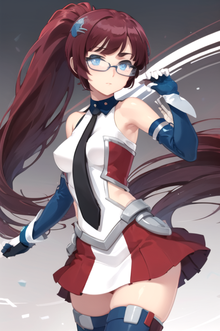 FumiCrush, 1girl, solo, very long hair, blue eyes, skirt, hair ornament, blue thighhighs, elbow gloves, bare shoulders, ponytail, red hair, detached sleeves, necktie, semi-rimless eyewear