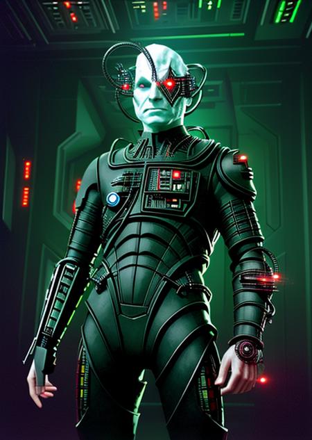 trekborg, a borg man posing for the camera in a dark sci-fi room, laser lights, leds, realistic, detailed, masterpiece, weapon