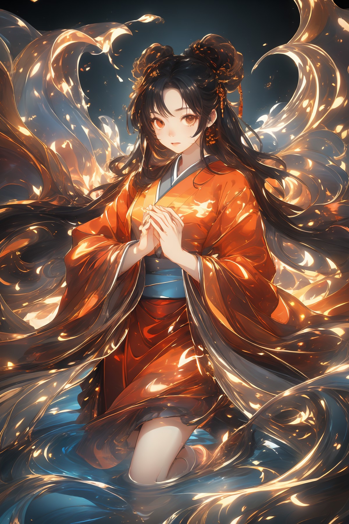a girl, black hair, red clothes, hanfu, robe, (treading water:1.5), water, goldfish, water flow,fantastic coloured glaze