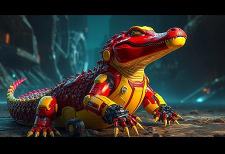 Create a high-resolution, 4K matte painting of a Cyber-Tech Alligator at rest, with a dynamic action pose, against a backdrop of a cybernetic hidden technology landscape. The alligator, predominantly red and yellow, has a red head with a yellow visor, and a body adorned with yellow accents. Its arms, also red, end in yellow hands equipped with black wheels. Despite the complexity of its components, the alligator appears to be in a state of rest, awaiting its next adventure. Utilize vivid colors, sharp lines, and brush strokes, intricate details, and cinematic lighting to emphasize the alligator's lifelike details, detailed face, eyes, and clothes. Handcraft with precision, aiming for exceptional quality, harmonious colors, and a captivating focus. Intend for this artwork to be trending on ArtStationHQ, and optimize for CGSociety and a golden ratio composition. Use Octane Render and Unreal Engine 5 for realistic textures, and Raphael and Houdini styles for aesthetics. The final piece should convey a powerful message with joyful impact.