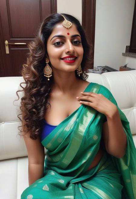 high angle selfie photo, realistic, ((realistic skin tones, film grain, intricate details, naturalism, hyperdetailed, hyperrealistic)) cute Indian girl, 25 years old, long curly long hair, Indian gold jewel, wearing black masquerade mask, hand holding towel, white skin, sweat, wet hair, wet body, wearing green saree only, side view, full body view, very sweaty body, selfie side view, full body view from selfie, slim body but big boobs, thin body, showing very busty boobs cleavage, visible breast, side view, sitting on white couch, night time, eyes open, wet red lipstick, brown eyes, kajal mascara, dimple, smile,