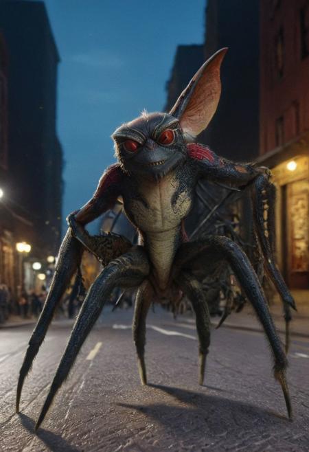 Xgremlinx,(xspiderx:1.9),middle body of spider, middle body gremlin, spider gremlin, amazing quality, masterpiece, best quality, hyper detailed, ultra detailed, UHD, perfect anatomy, portrait, hyper-realism, majestic, awesome, inspiring, - portrait in night city street ,  cinematic composition, soft shadows, national geographic style,