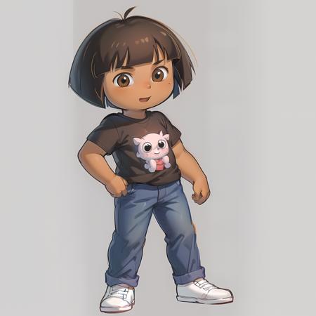 ((masterpiece, best quality)), full body, solo, dora,  <lora:DoraTheExplorer2:0.8>, brown eyes,black shirt, jeans, flower, dark-skinned female, (tan), bob cut, black gloves