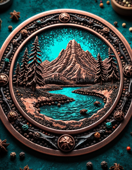 sgraffito drawing of a landscape of a Copper and Teal (ral-spicepepper:1.1) , it is Detailed, forged by Jurassic Park at Twilight, Wonder, Depth of field 270mm, Magic the gathering, HDR, <lora:ral-spicepepper:0.9>, best, fabulous colors, background inspired, magnificent, beautiful elegant, rich deep colors, badge, cinematic
