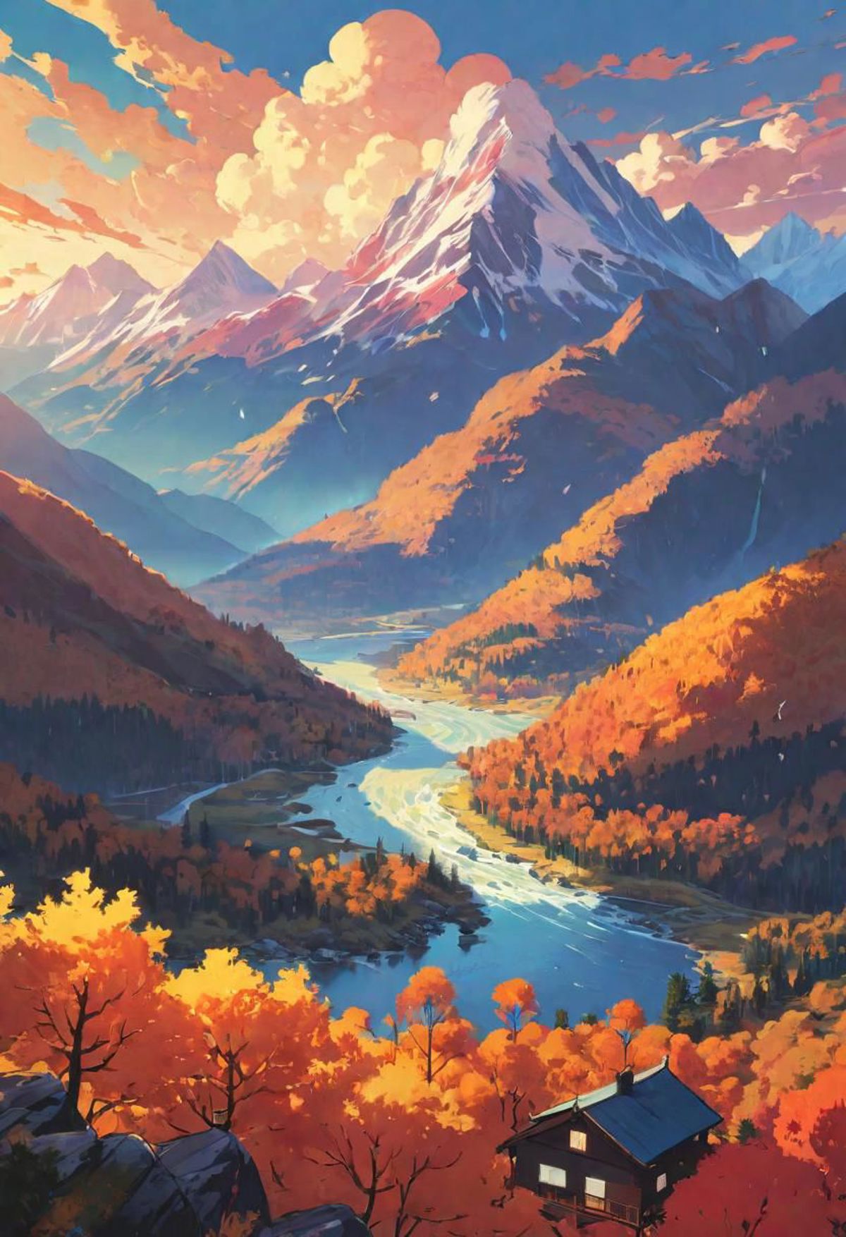 A Mountain Valley Scenery with a River and Trees