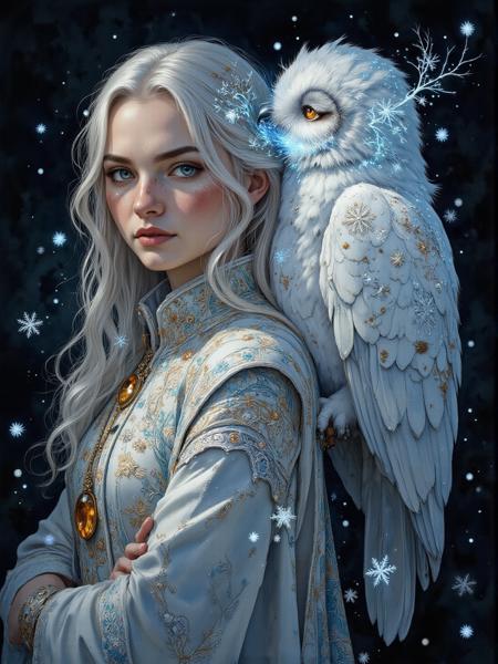 A fierce young woman with cold white hair and blue eyes stands beside a majestic owl. Her freckled skin glows in the cold light of the frost that dance around them. She wears an ornate white and bllue embroidered vest adorned with intricate snow patterns, a matching pendant with an amber gemstone resting at her throat. Her expression is intense, determined, and regal. The owl, its feathers a radiant blend of white snow and blue, presses close to her, its sharp beak and piercing eyes exuding power and wisdom. snowflakes float in the air, casting an ethereal glow against the dark background, as if the world itself bends to their presence.
