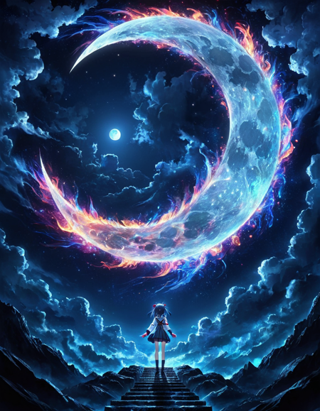 Gloomy Anime ral-mthnl, Moon in the night, Anime screencap, Dramatic spotlight, <lora:ral-mthnl-sdxl:0.85>, dynamic, very inspirational, beautiful detailed, epic, vivid colors, contemporary fine detail, fine detail, dynamic dramatic atmosphere, ambient background, quality, grand illumination, cute